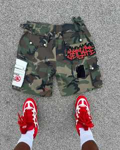 Shorts en jean camouflage déchirés avec broderie appliquée et logo personnalisé, taille élastique tendance pour hommes - Product Image 2