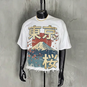 Maßgeschneiderte Streetwear-Kunstgrafik DTG-Druck Übergroßes T-Shirt 100% Baumwolle Distressed Roher Saum Boxy Crop T-Shirts Großhandel - Product Image 5
