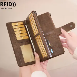 Portefeuille long en cuir PU pour femmes, portefeuilles vintage pour chèques avec blocage RFID, <span class=keywords><strong>porte</strong></span>-cartes - Product Image 4