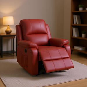Paprika Red Power Recliner Genuine Leather Electric With Remote Control Contemporary Design Solid Back <b>Padded</b> Arms - Product Image 2