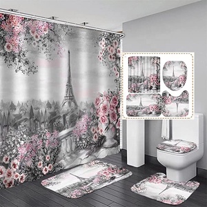 Nouveau San Valentine Love Tree Rose 4Pcs <span class=keywords><strong>Paris</strong></span> Tour Eiffel Ensembles de rideaux de douche avec tapis antidérapants - Product Image 3
