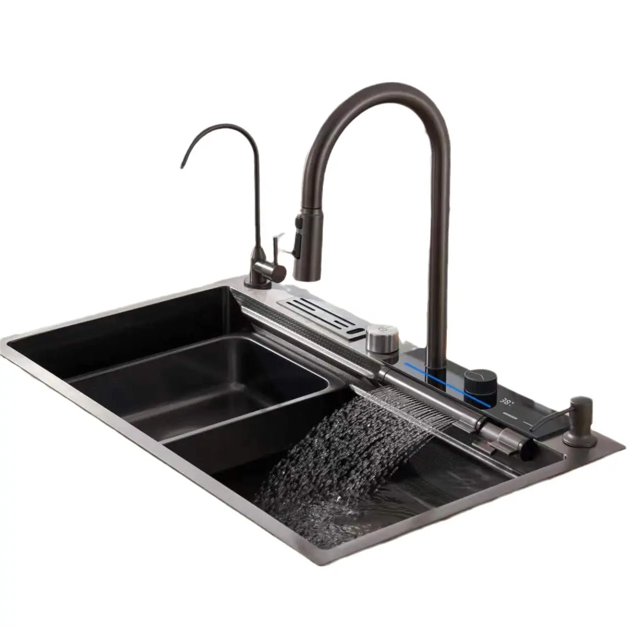 أحواض مطبخ بتصميم جديد 2023 ، طقم حوض مطبخ متعدد الوظائف ، شلال مياه أسود ، واحد من الفولاذ المقاوم للصدأ