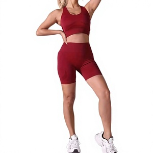 Women's Breathable <b>Red</b> Seamless Racerback <b>Crop</b> <b>Top</b> High Waist Biker Shorts 2 Piece Yoga Set Solid Color Stretchy Activewear - Product Image 1