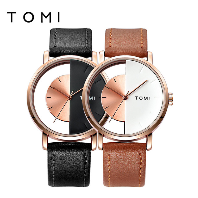 TOMI Unisex Simple Neutral Quartz Sport Watch Leather Band Alloy Case Fashion Watch with Hollow Design Glass Dial