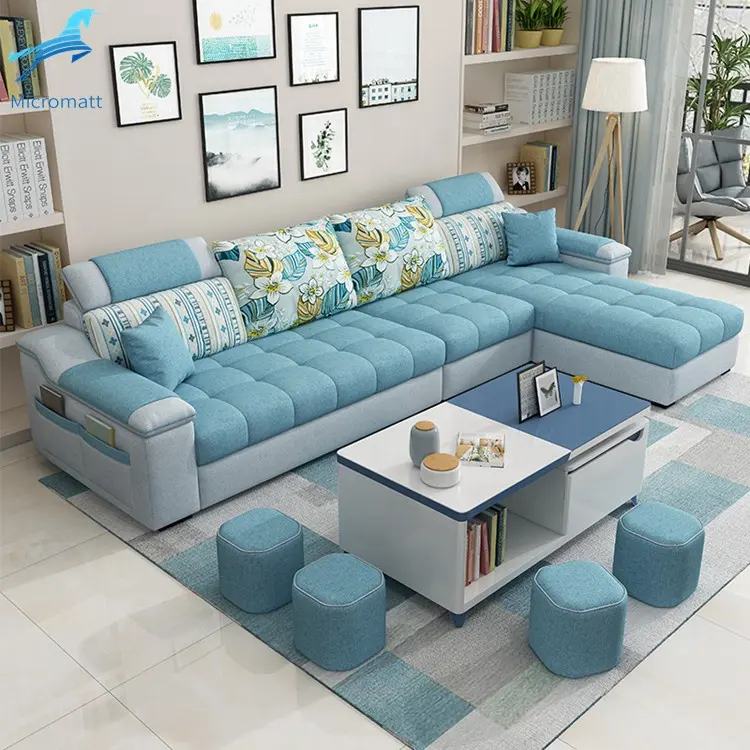 Conjunto de sofás para sala de estar, muebles para sala de estar de 4 plazas, tela de estilo Simple personalizable, Color azul