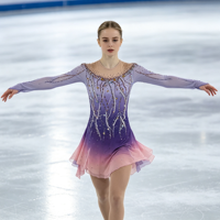Robe de patinage et de danse pour enfants et adultes, dégradé violet-rose, manches longues en maille, dos découpé avec strass, pour compétition et spectacle de patinage sur glace