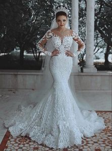 Vestido de Novia de Sirena de Manga Larga, Moderno y de Lujo, con Lentejuelas, Cristales, Volantes, Bordados de Flores, Tul y Cola de Pez - Product Image 5