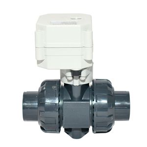 Vanne à boisseau sphérique électrique en PVC 1/2 po DN15, résistante aux acides et aux alcalis, à passage direct, double union - Product Image 1