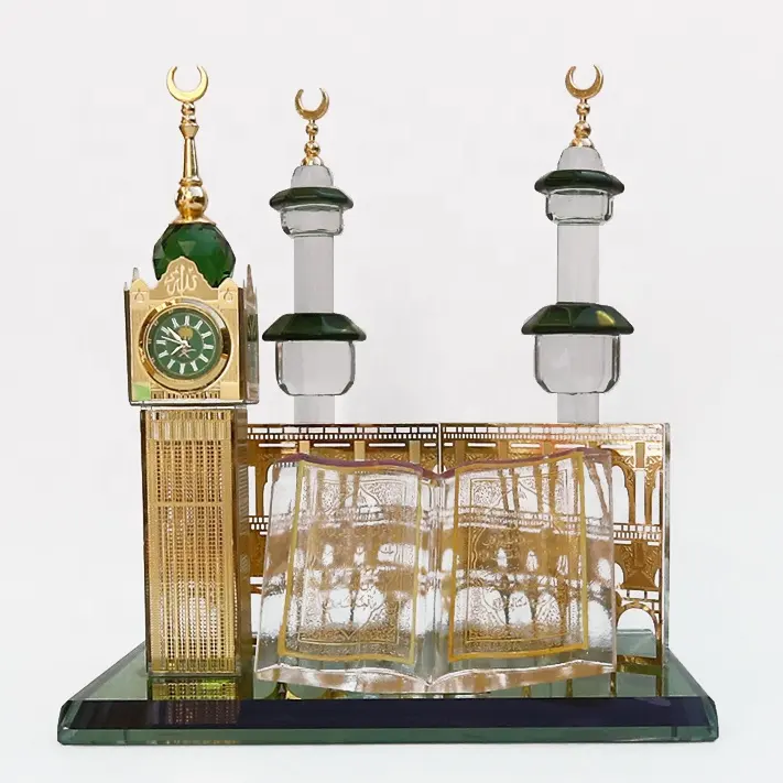 Luxury Mecca Clock Tower Gold Foil Islamic Book Crystal Quran For Muslim Pilgrims Souvenirs