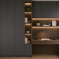 Armoires de bureau gris anthracite avec bureau ton noyer, étagères lumineuses et zone de travail compacte