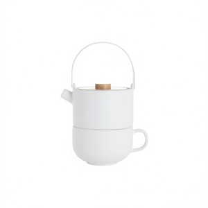 Théière Bredemeijer Tea For One Umea en céramique blanche avec couvercle et poignée en bois - Product Image 2