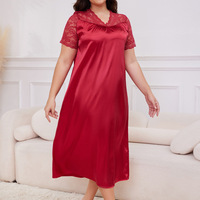 Camisón de satén bordado con cuello en V para mujer, talla grande, liso, suave, sexy, transpirable, sencillo, de manga corta, holgado, para dormir en casa, de verano