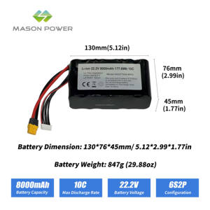 Batería de Litio Lipo MASON de 22.2V 8Ah 10C de Alta Velocidad, 8000mAh, Configuración 6S2P, Larga Vida Útil, Certificación <span class=keywords><strong>CE</strong></span>, Compacta para Drones - Product Image 2