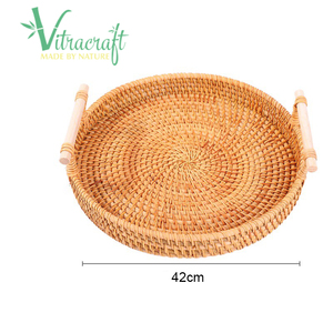 Plateau rond en rotin unique fabriqué à la main avec poignée L'ensemble comprend 3 pièces de différentes tailles plateau de nourriture en rotin plateau de rangement en rotin - Product Image 6