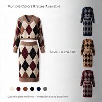 Ensemble deux pièces pour femme, pull en tricot argyle à col en V et manches longues, jupe crayon mi-longue, pour l'automne et l'hiver, OEM ODM en gros