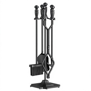 Traditional Cast Iron Fireplace <b>Tool</b> <b>Set</b> with Stand 5 Piece Poker Tongs Shovel Brush Black Metal <b>Fire</b> <b>Tools</b> - Product Image 3