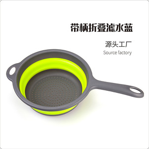 Collapsible <b>Plastic</b> Round <b>Colander</b> Foldable Strainer For Vegetables And Fruit Storage With Handle Gray And Green - Product Image 2
