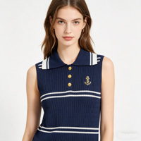 Gilet en tricot marine style preppy nautique pour femme, col polo, pull sans manches en tricot torsadé avec broderie d'ancre dorée, tricot rayé