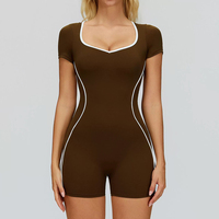 Combinaison de sport une pièce pour femme, col rond, manches courtes, dos évidé, color block, pour fitness et entraînement, vente en gros