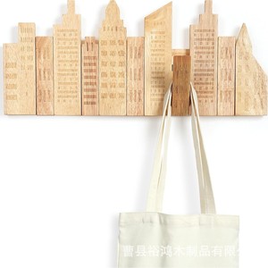 Perchero de pared de madera con diseño de paisaje urbano, gancho plegable para el hogar, sala de estar, dormitorio, almacenamiento de bolsos, color madera natural - Product Image 1