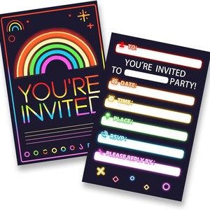 Neon Rainbow Invitation Cards Customized Party Invitations <b>Gloss</b> Laminated <b>Paper</b> Rectangle Modern Design Digital Printing - Product Image 1