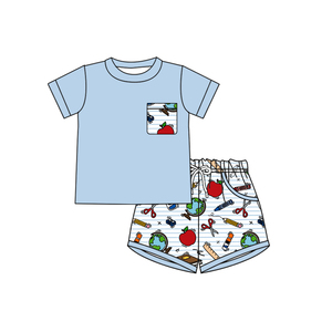 Custom Back <b>School</b> Apple <b>Pencil</b> Print 95% Cotton Casual Baby Boy Shorts & <b>for</b> Shirt Set Worsted Fabric Spring Autumn - Product Image 3