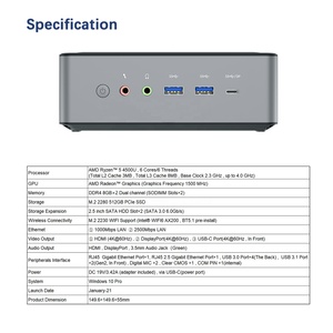 Mini PC Minisforum HM50 <span class=keywords><strong>AMD</strong></span> Ryzen <span class=keywords><strong>5</strong></span> <span class=keywords><strong>4500U</strong></span> 16G+256G/512G 64 bits Wins10 Ordinateur de bureau industriel pour le travail de bureau Jeux Ubuntu OS - Product Image 6