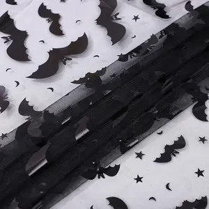 RTS 100 Polyester Halloween Fabric by The Yard Foil Print Black Bat Mesh Fabric