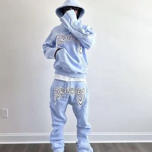 Custom Vintage Hoodie and Flared Pants With Zipper Two Piece Set Embroidery Sweatsuit Sun Faded Acid Wash Men <strong>Tracksuit</strong> - Product Image 1