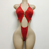 Haut de bikini personnalisé en spandex pour femme avec chaîne dorée, strass AB exotiques, string, combinaison sexy pour femme, tenue de danseuse, tenue de strip-teaseuse