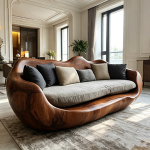 Organic Modern Sculpted Wood Ergonomic Curved Lounge Couch with Plush <b>Cushion</b> for High-End Residential Use - Product Image 2
