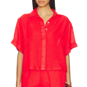 Women's Custom Luxury Casual <strong>Red</strong> Linen Blouse Turn-Down Collar Short Sleeve <strong>Cropped</strong> Button Down <strong>Top</strong> - Product Image 1