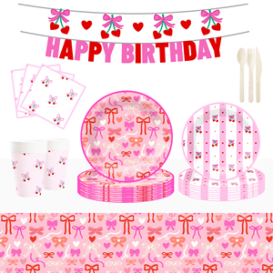 Ensemble de vaisselle jetable personnalisé DAMAI sur le thème du nœud rose pour fête de bébé fille, assiettes en papier, ensemble de dîner, assiettes en papier, gobelets, serviettes - Product Image 2