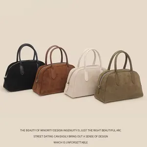 Custom Logo Women High Quality Suede Leather Bowling Half Month Handbag Manufacturers China Fashion Ladies Hand Bags For Outing