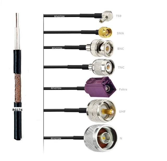 Customized RG174 Coaxial Cable Black Wire Attach BNC TNC SMA SMB Fakra TS9 UHF N Connectors Antenna Cable