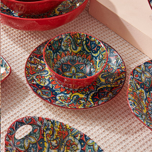 Ensemble de bols de vaisselle en céramique bohème transfrontaliers grands bols de soupe au riz jetables avec assiettes à <span class=keywords><strong>motif</strong></span> végétal unique - Product Image 5