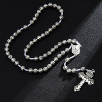 Collier chapelet Saint-Michel en argent vieilli vintage, perles rondes croix punk hip-hop, cordon blanc pour femmes et hommes