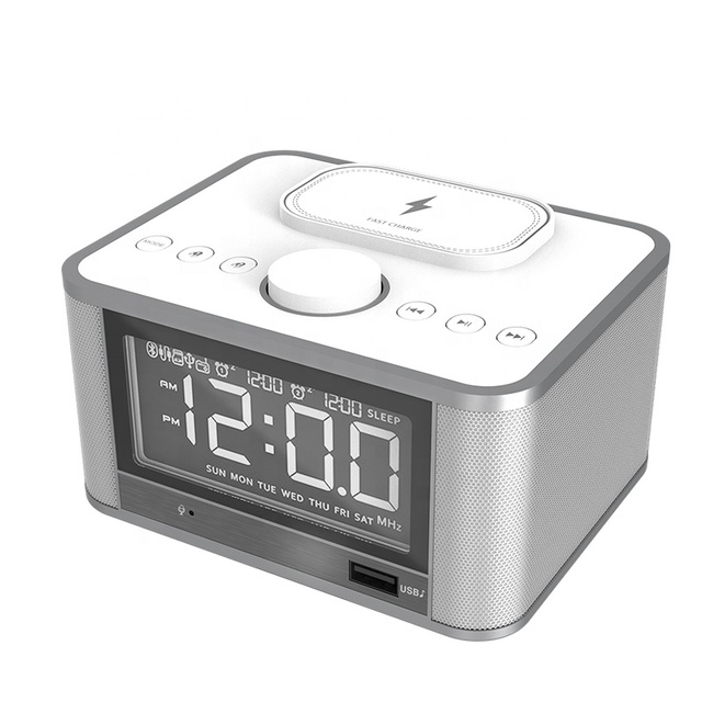2023 New Arrival FM Radio Digital Alarm Clock with Wireless Charger Modern Style BT Music Speaker Desktop Table Clock