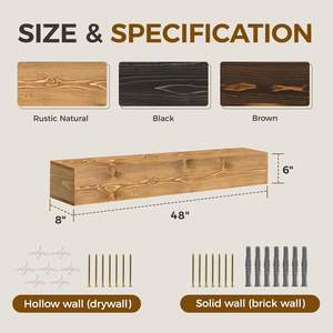 Chimenea Mantel Hecho a mano Grueso Decoración de pared Estante flotante largo Estante de madera con soportes Color madera - Product Image 2