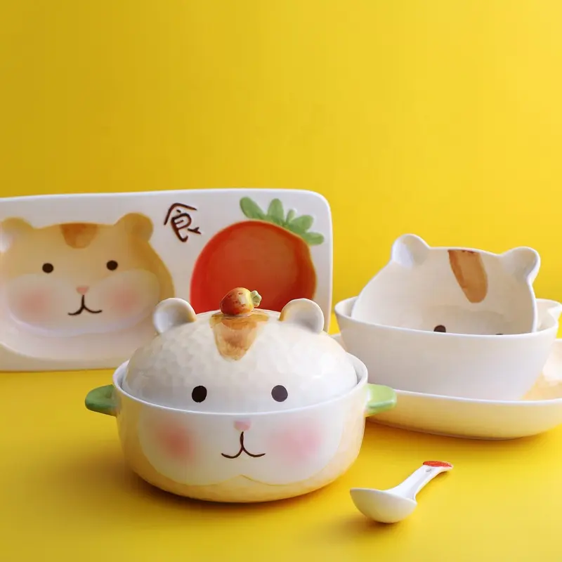한국어 만화 딸기 햄스터 그릇 플레이트 세트 어린이 귀여운 세라믹 플레이트 국수 그릇 나누어 플레이트 학생 가정용