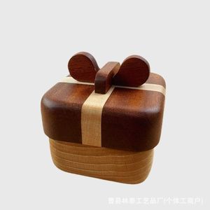 Wooden <b>Ring</b> <b>Box</b> Square Walnut Color Bow Shape Jewelry Display Gift <b>Box</b> For Wedding <b>Proposal</b> Birthday Holiday - Product Image 3