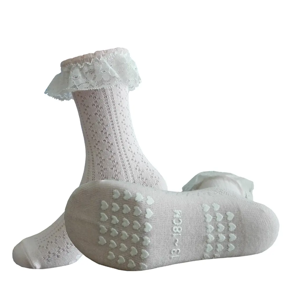 White pink kids anti slip knee high lace socks for children bulk