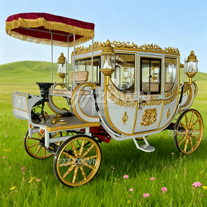 Photographie de mariage : Chariot royal blanc et doré avec relief et auvent à pompons rouges - Product Image 3