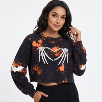 Sweat-shirt personnalisé tie-dye cœur squelette pour femme, coupe classique, orange et noir, style gothique, délavé à l'acide, collection hiver-automne, vente en gros