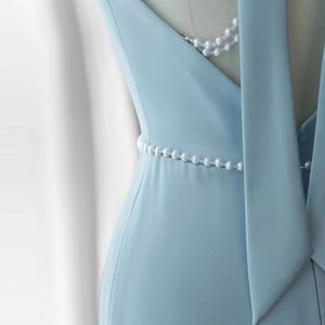 Abito <span class=keywords><strong>da</strong></span> <span class=keywords><strong>Cerimonia</strong></span> Blu con Scollo a V, Elegante, Schiena Scoperta, Stile Sirena/Tromba, Lunghezza a Terra, 100% Cotone, con Cristalli, Antistatico - Product Image 2