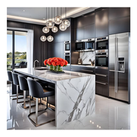 Îlot de cuisine de luxe en pierre de quartz japonaise, plan de travail sans poignée, évier intégré, lave-vaisselle, armoire de cuisine noire