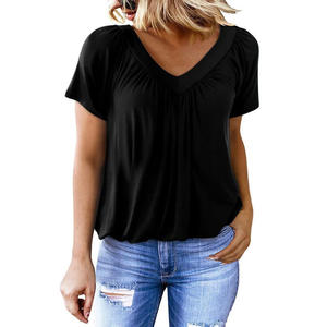 Camiseta informal lavada transpirable de verano para mujer con cuello en V profundo mangas cortas sueltas de secado rápido - Product Image 1
