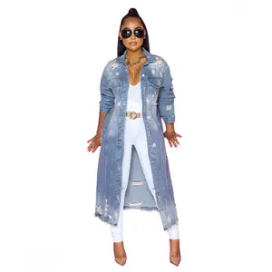 Destroyed Jeans Mantel für Frauen Blue Jacket Custom Langarm Jeans Long Loose Washed Jacket Women