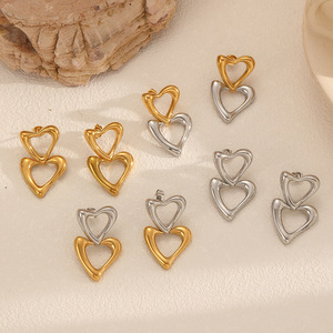 Pendientes de acero inoxidable con forma de corazón de doble capa, chapados en oro y plata para mujer, uso diario - Product Image 1