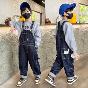 Pantalon décontracté de style européen pour filles, nouveau <span class=keywords><strong>jean</strong></span> droit longueur cheville avec bretelles et poches, grande taille pour enfants, collection printemps-automne - Product Image 2